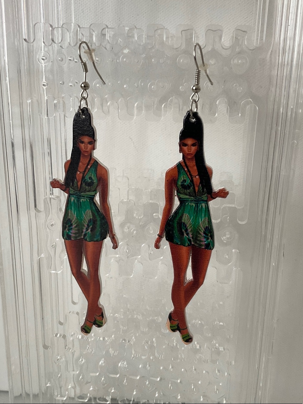 Handcrafted Lynaks Green Graphic Romper Doll Drop Earrings